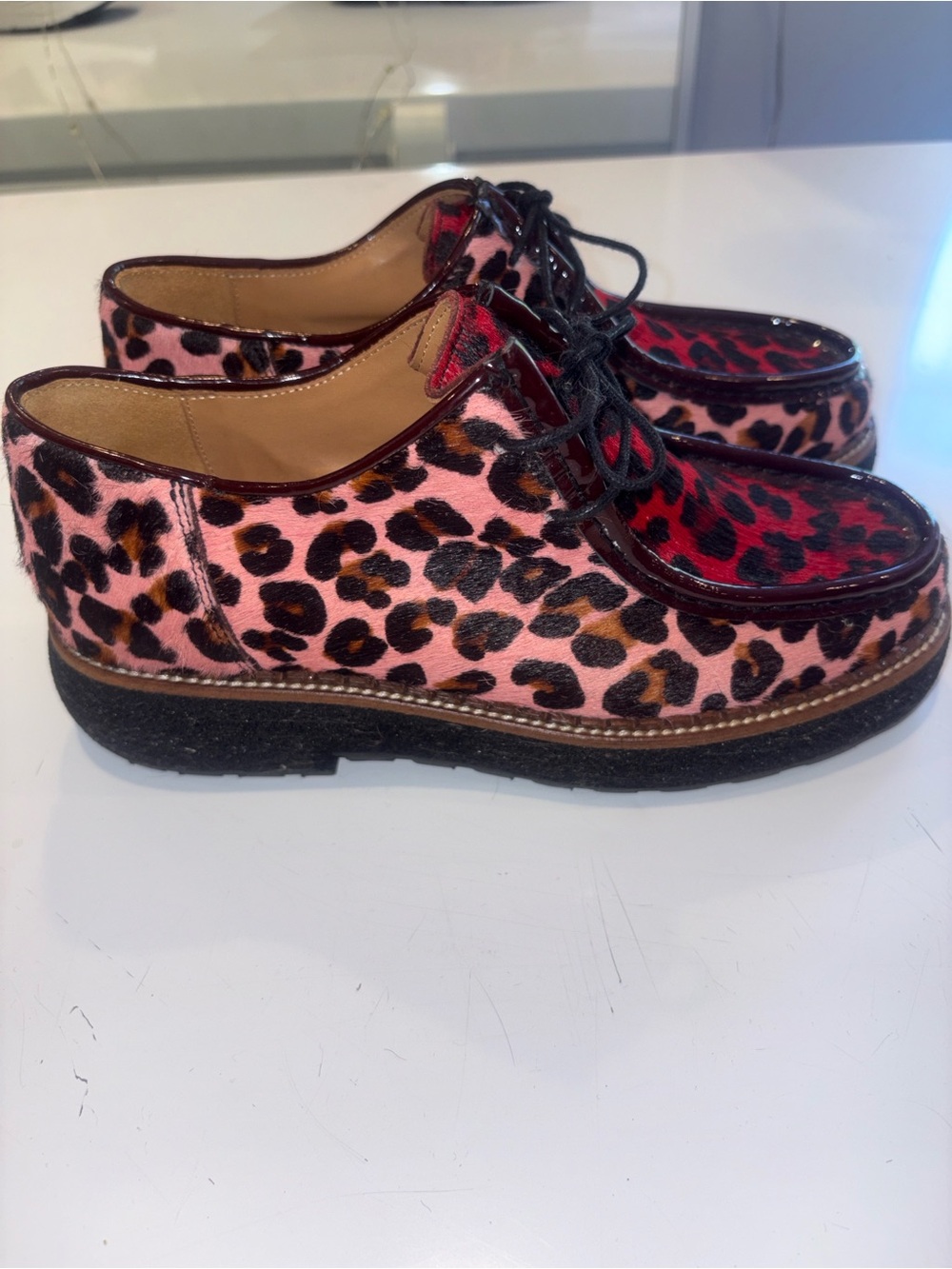 Women's Pink Leopard Print Lace-Up Platform Loafers